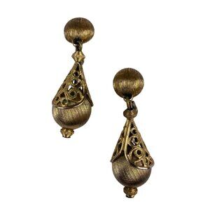 Monet Womens Gold Tone Metal Clip-On Drop Earrings Vintage 1970s Intricate Filig